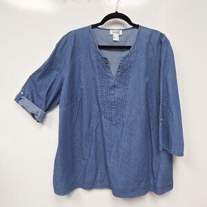 Collection L Shirt Womens 18 Blue Chambray Pleated V Neck 3/4 Sleeve Tunic Top